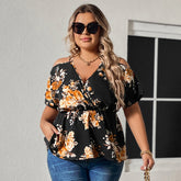 Plus Size Spring Summer Top V neck off Shoulder Waist Trimming Short Sleeved Women
